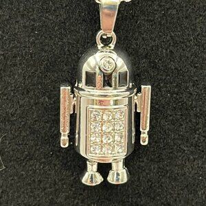 Silver Toned Blingy R2D2 Like Robot Necklace - Movable Arms/Legs